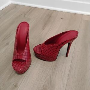 Nina Red Croc-Embossed Peep-Toe Heels